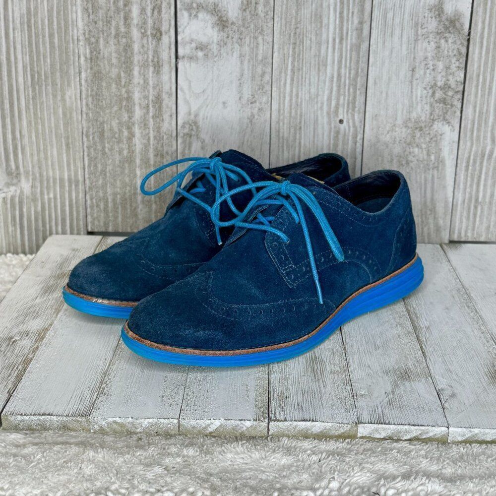 Cole Haan Lunargrand Blue Suede Wing Tip Oxfords Shoes Size 7 B